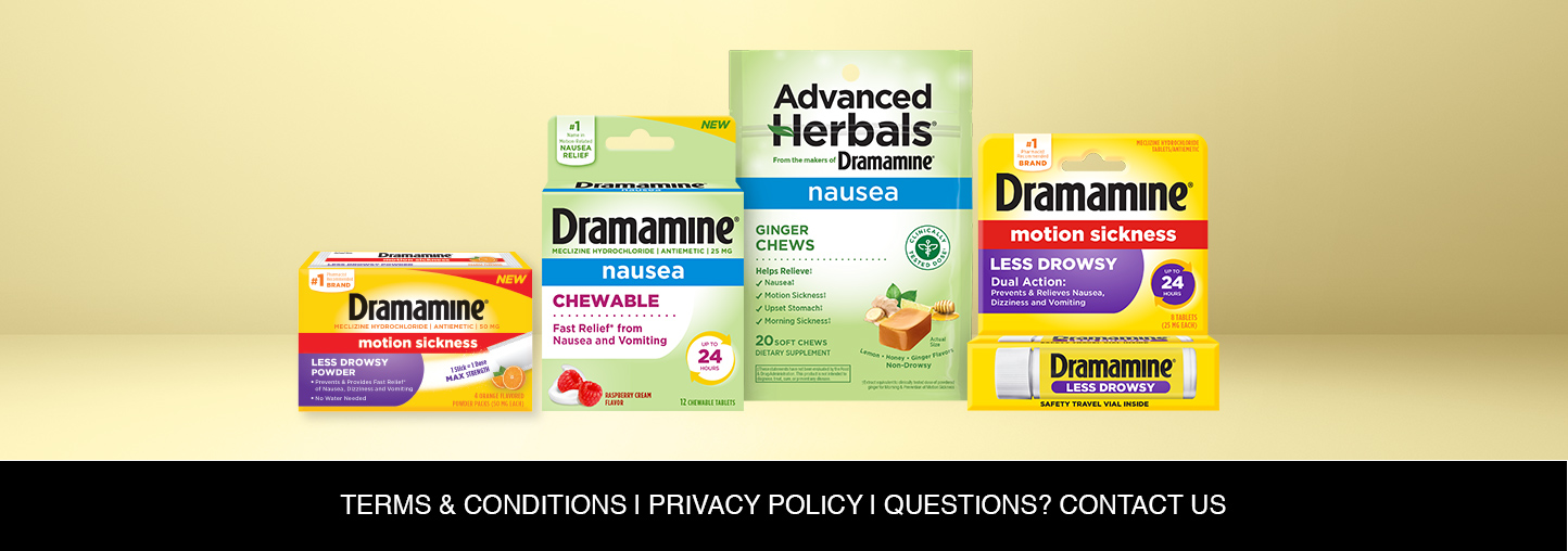 Dramamine product lineup and footer links